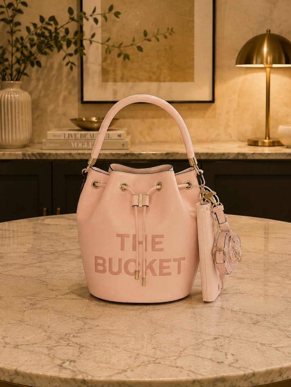 Brand New - Pink "THE BUCKET" Drawstring Bag with Matching Wallet